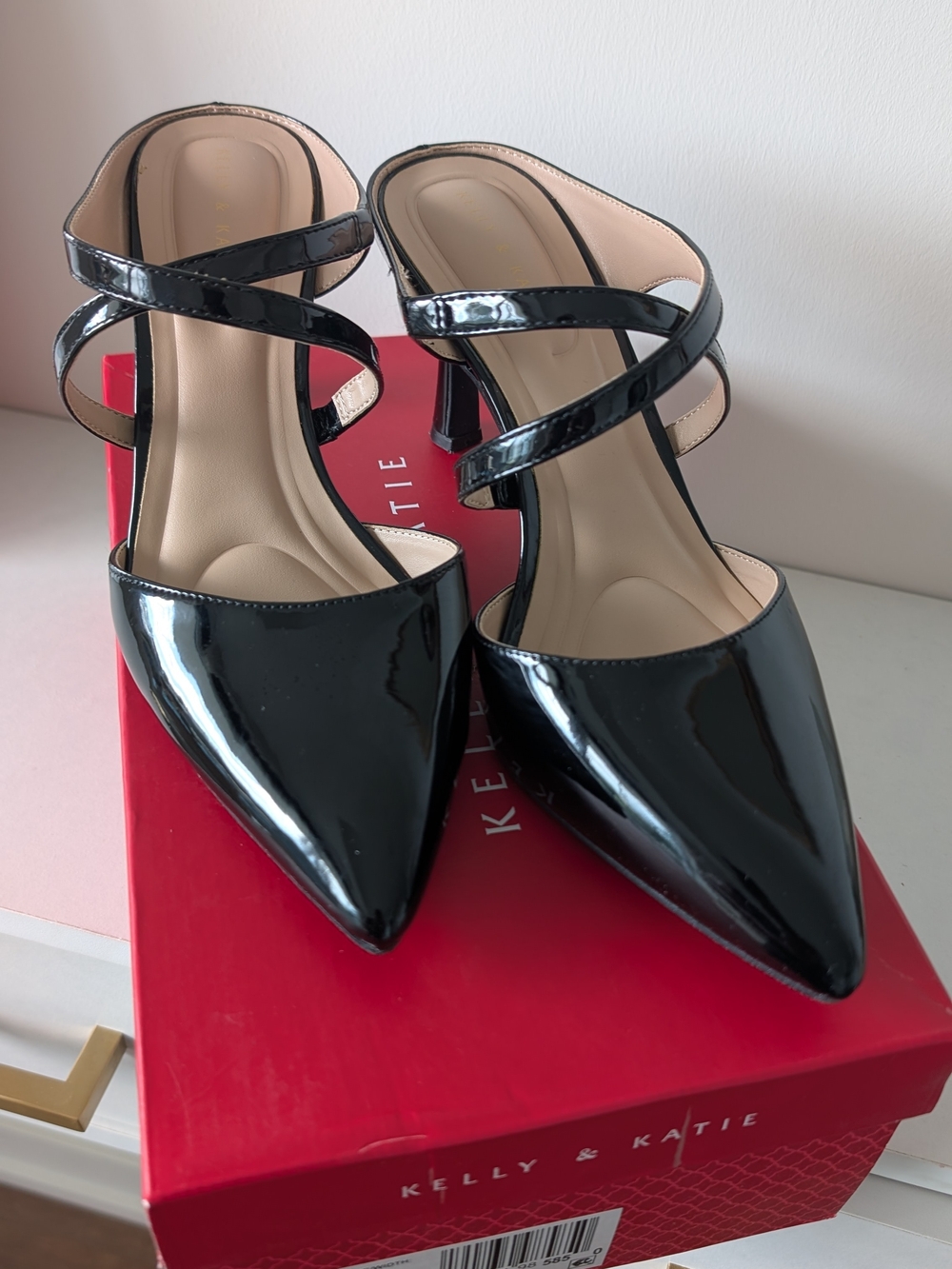Kelly & Katie Elyma Black Patent Pointed-Strap Heels Mules